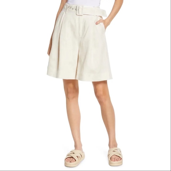 STAUD Pants - STAUD | High Rise Linen Beige Shorts Belted Elisa Bermuda